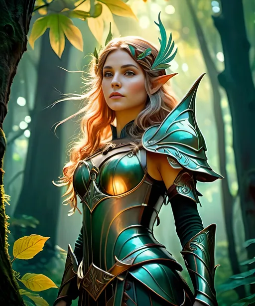 Prompt: an elf wearing armor in a forest, trees, elf, epic, dark fantasy, 8k, vibrant, high detail, cinematic, gritty, painterly, artistic, dark fantasy, action, full body