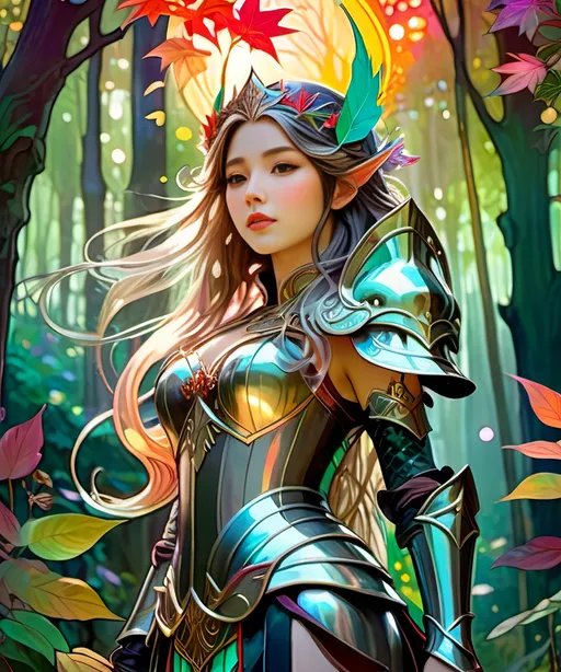Prompt: elf queen in armor in a vibrant forest, full body, long hair, epic, dark fantasy, 8k, high detail, cinematic, gritty, painterly, comic book art, Miho Hirano style, action, 2D art, vibrant color palette, atmospheric lighting