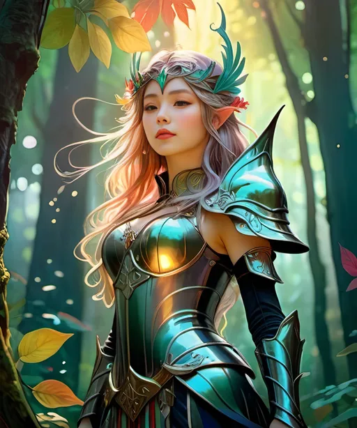 Prompt: elf queen in armor in a vibrant forest, full body, long hair, epic, dark fantasy, 8k, high detail, cinematic, gritty, painterly, comic book art, Miho Hirano style, action, 2D art, vibrant color palette, atmospheric lighting