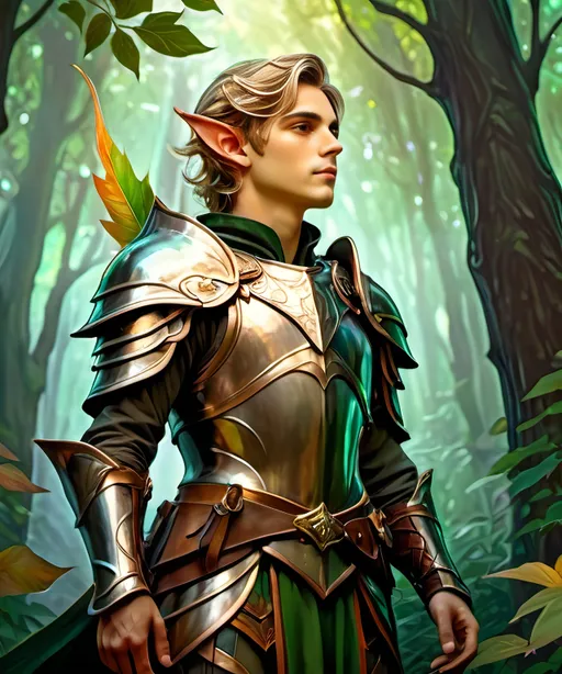 Prompt: a male elf wearing armor in a forest, trees, elf, epic, dark fantasy, 8k, vibrant, high detail, cinematic, gritty, painterly, artistic, dark fantasy, action, full body, painted style, artistic, digital art