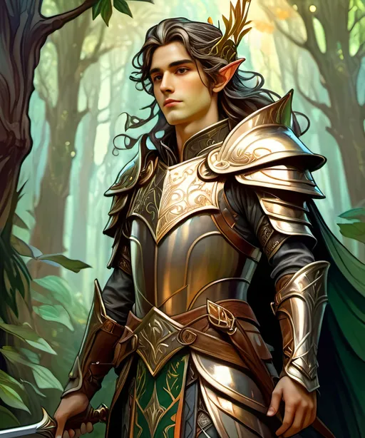 Prompt: a male elf king wearing armor in a forest, trees, elf, epic, dark fantasy, 8k, vibrant, high detail, cinematic, gritty, painterly, artistic, dark fantasy, action, full body, painted style, artistic, digital art, long hair, comic book art, 2D art