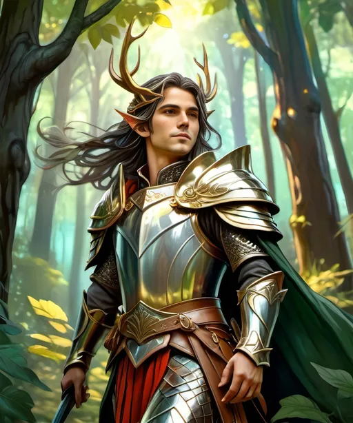Prompt: a male elf king wearing armor in a forest, trees, elf, epic, dark fantasy, 8k, vibrant, high detail, cinematic, gritty, painterly, artistic, dark fantasy, action, full body, painted style, artistic, digital art, long hair, comic book art, 2D art, in the style of Miho Hirano