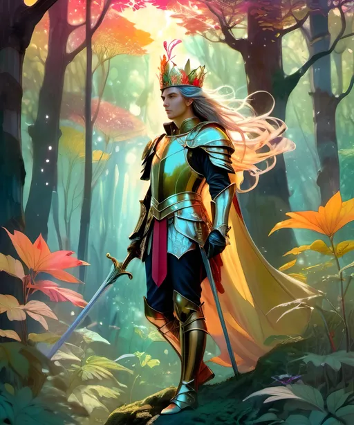 Prompt: Male elf king in armor in a vibrant forest, full body, crown, long hair, epic, dark fantasy, 8k, high detail, cinematic, gritty, painterly, comic book art, Miho Hirano style, action, 2D art, vibrant color palette, atmospheric lighting