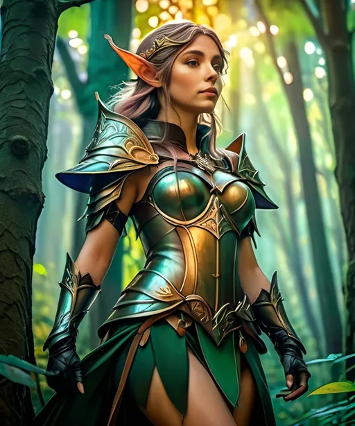 Prompt: an elf wearing armor in a forest, trees, elf, epic, dark fantasy, 8k, vibrant, high detail, cinematic, gritty, painterly, artistic, dark fantasy, action, full body