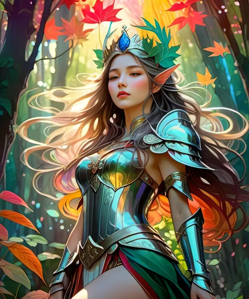 Prompt: elf queen in armor in a vibrant forest, full body, long hair, epic, dark fantasy, 8k, high detail, cinematic, gritty, painterly, comic book art, Miho Hirano style, action, 2D art, vibrant color palette, atmospheric lighting