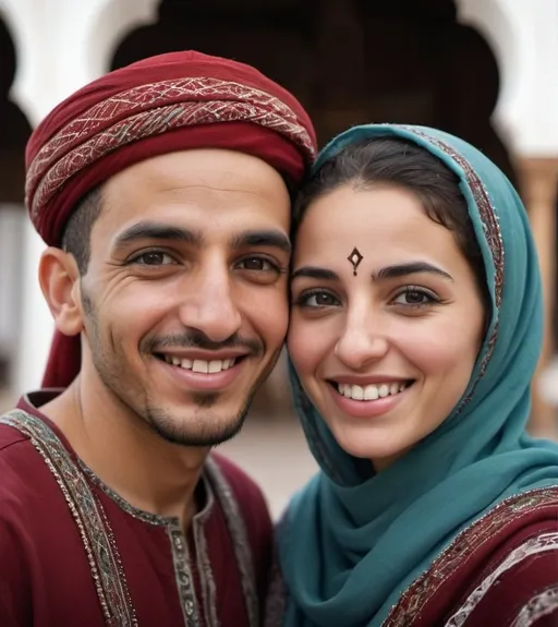 Prompt: Generate a 4K image of a ramantic couple that is a blend of Moroccan and Palestinian features, smile. The design should show the faces welded together, symbolizing unity and shared emotion. The expression should convey deep emotion, with tears streaming down the cheeks. Incorporate cultural and ethnic characteristics from both Moroccan and Palestinian identities in the facial features and attire. The background can be simple and muted to highlight the emotional impact and cultural significance of the image.