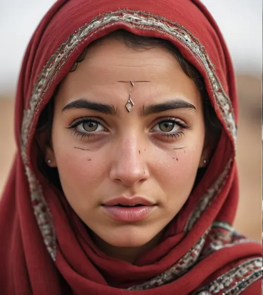 Prompt: Generate a 4K image of a babe face that is a blend of Moroccan and Palestinian features, crying. The design should show the faces welded together, symbolizing unity and shared emotion. The expression should convey deep emotion, with tears streaming down the cheeks. Incorporate cultural and ethnic characteristics from both Moroccan and Palestinian identities in the facial features and attire. The background can be simple and muted to highlight the emotional impact and cultural significance of the image.