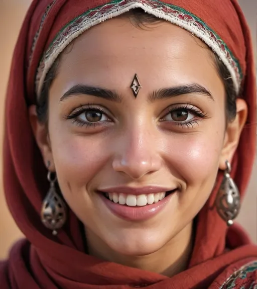 Prompt: Generate a 4K image of a babe face that is a blend of Moroccan and Palestinian features, smile. The design should show the faces welded together, symbolizing unity and shared emotion. The expression should convey deep emotion, with tears streaming down the cheeks. Incorporate cultural and ethnic characteristics from both Moroccan and Palestinian identities in the facial features and attire. The background can be simple and muted to highlight the emotional impact and cultural significance of the image.