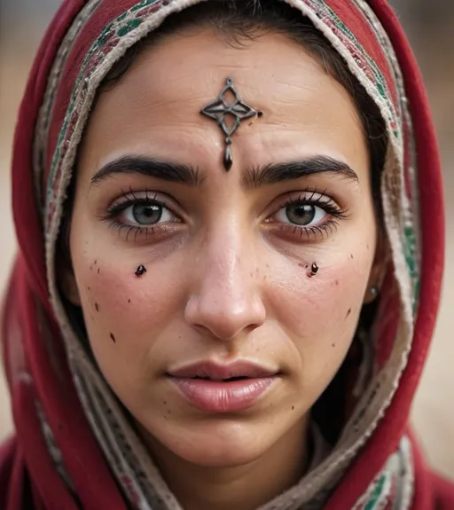 Prompt: Generate a 4K image of a face that is a blend of Moroccan and Palestinian features, crying. The design should show the faces welded together, symbolizing unity and shared emotion. The expression should convey deep emotion, with tears streaming down the cheeks. Incorporate cultural and ethnic characteristics from both Moroccan and Palestinian identities in the facial features and attire. The background can be simple and muted to highlight the emotional impact and cultural significance of the image.