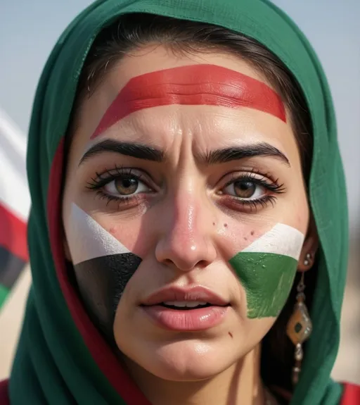 Prompt: Generate a 4K design of a Palestinian vector face crying. The expression should convey deep emotion, with tears streaming down the cheeks. The face should have realistic features, reflecting the cultural and ethnic characteristics of Palestinian people. the face will includ a tattoo of a palestin flag. The background will includ two flags, morocco and palestain