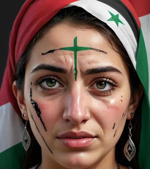 Prompt: Generate a 4K design of a Palestinian vector face crying. The expression should convey deep emotion, with tears streaming down the cheeks. The face should have realistic features, reflecting the cultural and ethnic characteristics of Palestinian people. the face will includ a tattoo of a palestin flag. The background will includ two flags, morocco and palestain