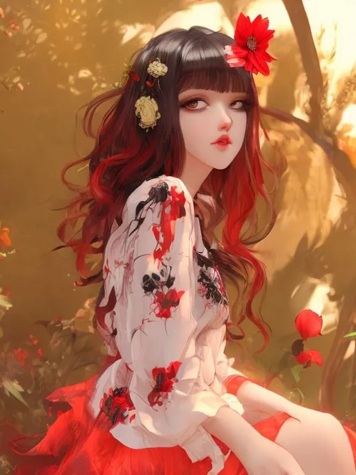 Prompt: Pretty girl with black and red ambre hair and flower dress outside
