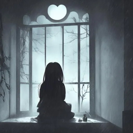 Prompt: mystery, horror, girl sitting in a looking outside a window at a crying woman outside, psychological thriller, gore, fantasy aesthetic, realistic