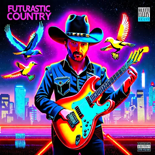 Prompt: Futuristic country album cover, holographic elements, vibrant neon colors, futuristic cowboy hat, glowing guitar, robotic birds, neon-lit city skyline in the background, ultra high-res, holographic, vibrant colors, futuristic, country, robotic elements, neon lights, detailed design, vibrant lighting