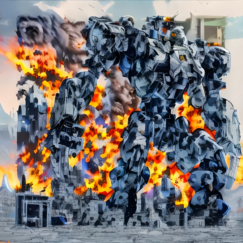 Prompt: masterpiece, best quality, mecha, no humans, black armor, blue eyes, science fiction, fire, laser canon beam, war, conflict, destroyed city background