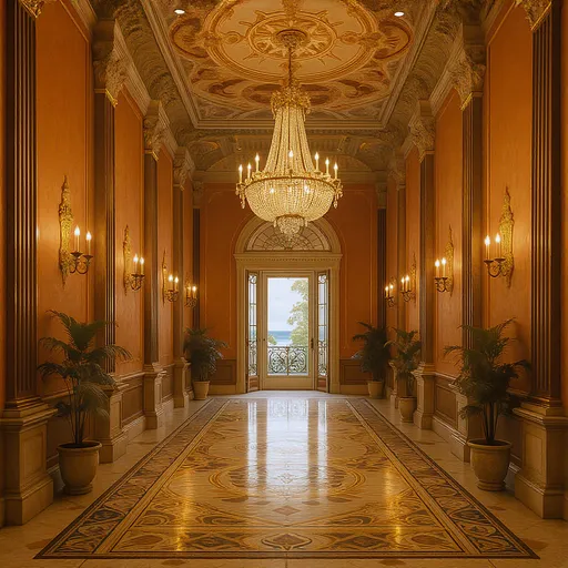 Prompt: This photograph captures an opulent, grand hallway with a luxurious, classical design. The central focus is a large, ornate chandelier hanging from a richly decorated ceiling, which features intricate, gold-embellished patterns and recessed lighting. The hallway's floor is adorned with a large, elaborate mosaic tile design in shades of brown, beige, and gold, leading directly to a set of double glass doors at the far end, framed by a small balcony with a wrought-iron railing.

The walls are painted in a warm, peachy-orange hue, with vertical stripes in a darker brown color adding depth. Tall, narrow columns with gold accents and white bases line both sides of the hallway, each topped with elaborate moldings. On either side of the hallway, there are wall-mounted, gold-accented sconces with frosted glass shades, providing a soft, warm glow.

Potted plants with lush green foliage are placed symmetrically at regular intervals along the sides, adding a touch of natural beauty to the otherwise grand and formal setting. The overall atmosphere is one of elegance and sophistication, with a combination of classical and baroque elements that create a sense of timeless luxury.