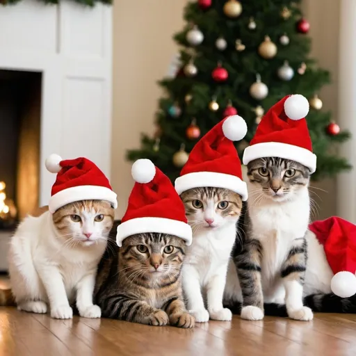 Prompt: 4 Cats with Christmas hats on in front of a christmas tree
