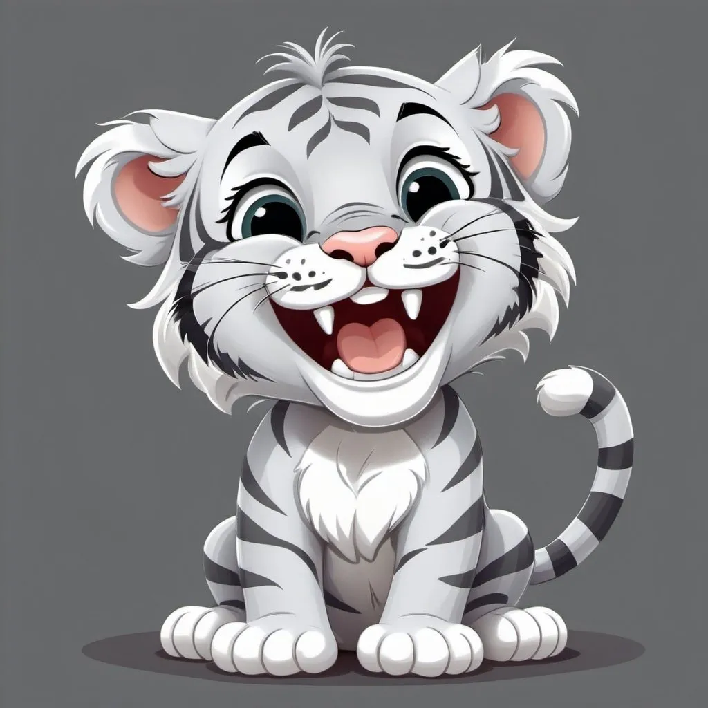 Prompt: a baby grey cartoon
 tiger laughing
