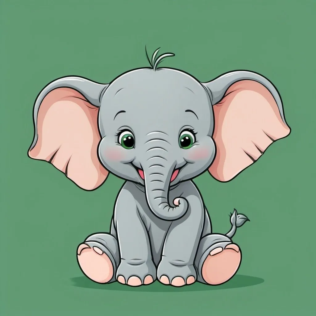 Prompt: baby cartoon elephant sitting sideways laughing with a green background
