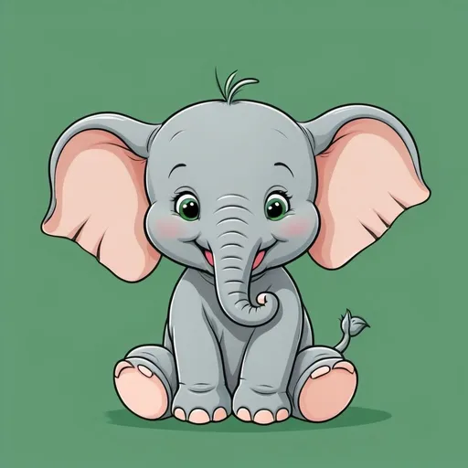 Prompt: baby cartoon elephant sitting sideways laughing with a green background
