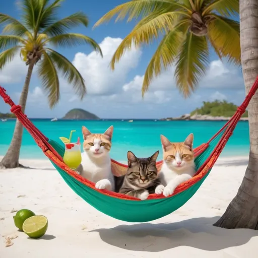 Prompt: Cats drinking margaritas on a Caribbean beach in hammocks
