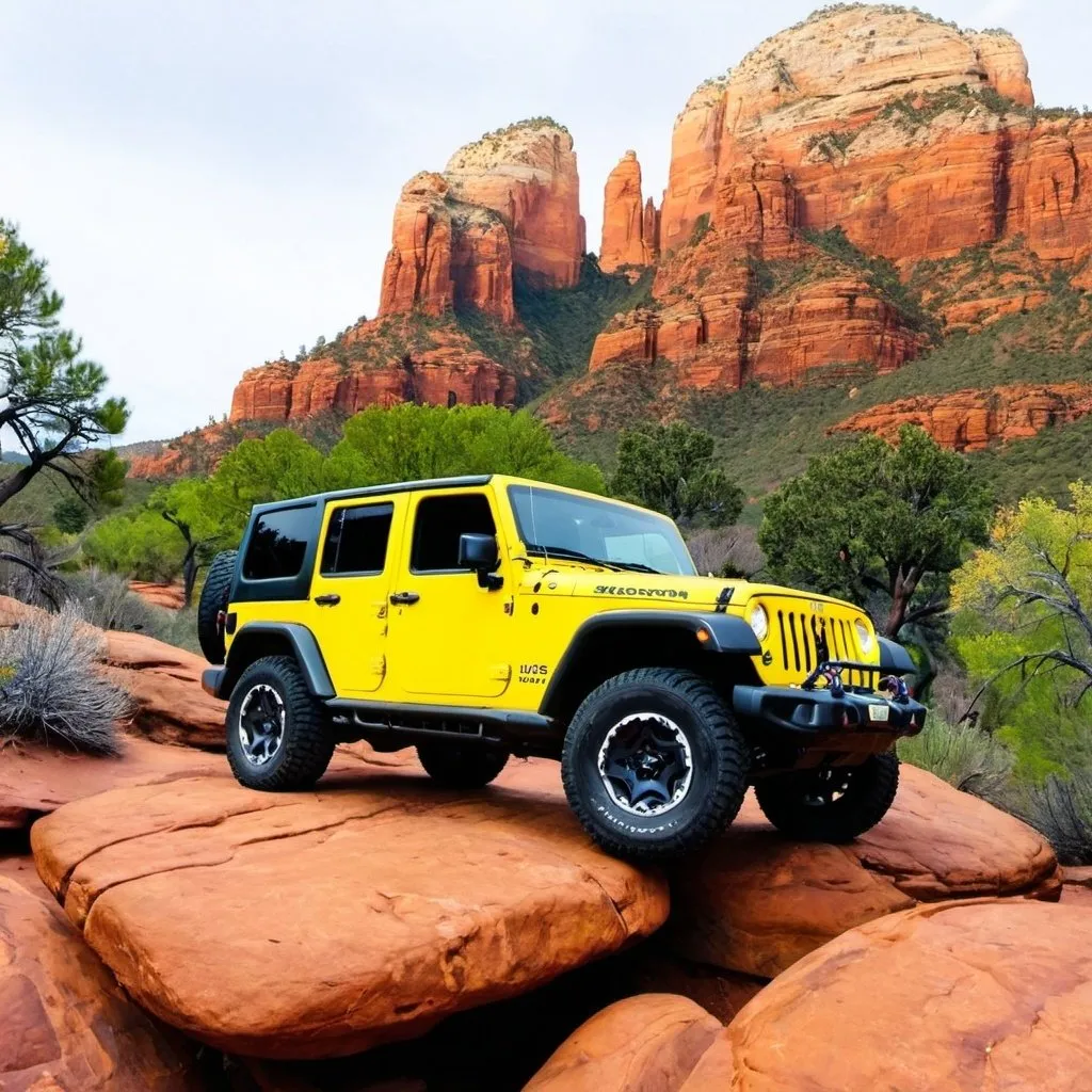 Prompt: a yellow Jeep Rubicon climbing up Sedona rocks
