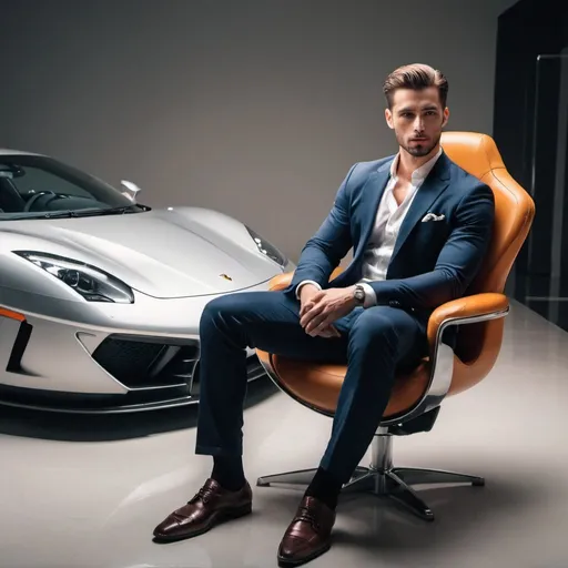 Prompt: a Handsome Men sit on a chair looking to a super car