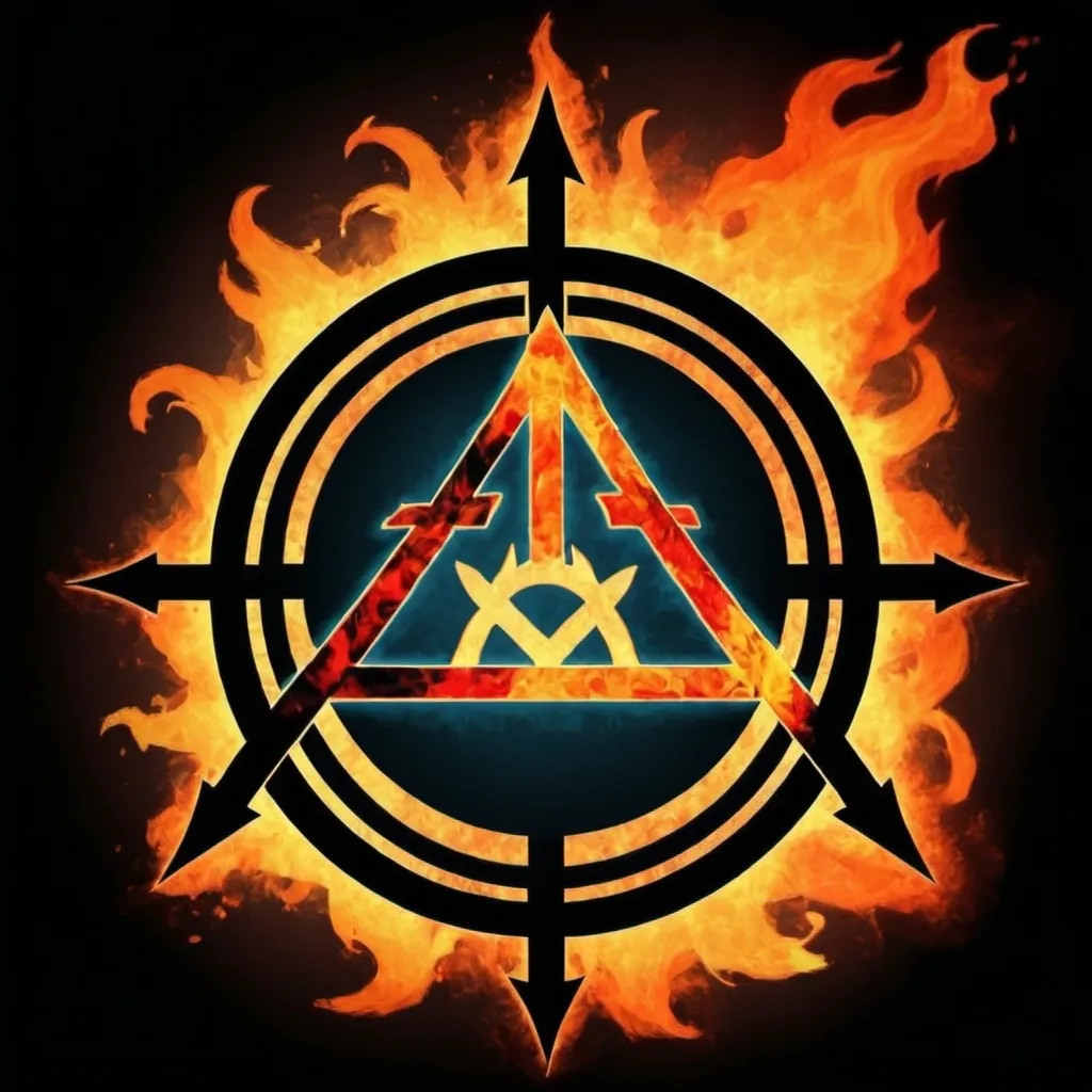 Prompt: Draw me an anarchy symbol but incorporate water and fire as equals lot's of color and a shadow of god above. Includ name Archer Miles