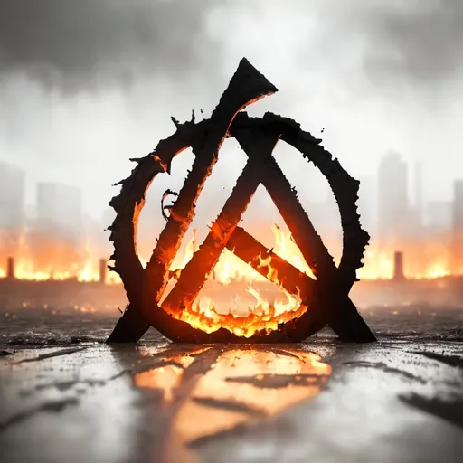 Prompt: put an anarchy symbol as main outlook, burning flames, raindrops falling, small group of people watching, (night) setting, dark and intense, fiery glow illuminating the wet ground, smoke rising, dramatic contrast between fire and rain, gritty atmosphere, powerful emotion, chaos and resilience, detailed background with cityscape in shadows, ultra-detailed, 4K, cinematic quality, vibrant colors against dark tones, visually stunning.