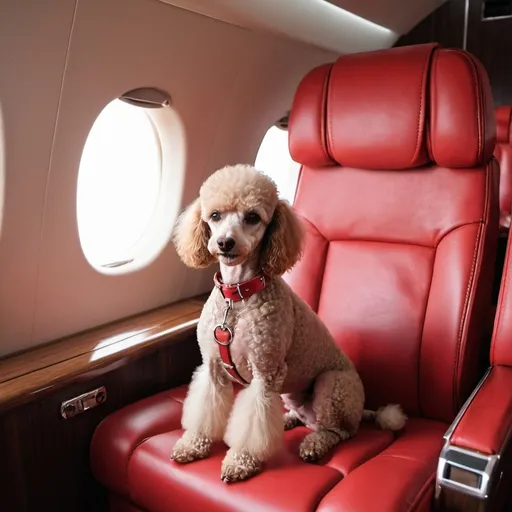 Prompt: A photo of a miniature poodle in a red leather collar sitting in a seat on a private jet and looking out the window