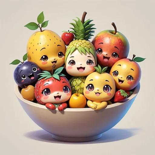 Prompt: Cute anthropomorphic (chibi fruits:1.2)  inside a bowl. whimsical, highly detailed. by Studio Ghibli, in the style of chibi anime, 8k, vibrant colors