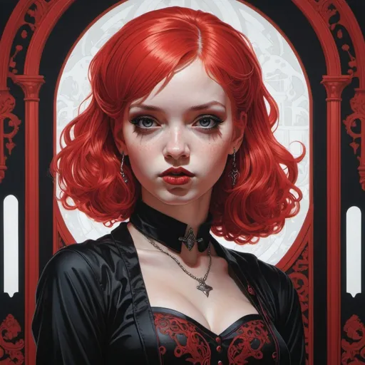 Prompt: Martin Ansin's work depicting a cute black-and-red haired goth girl, tiff
