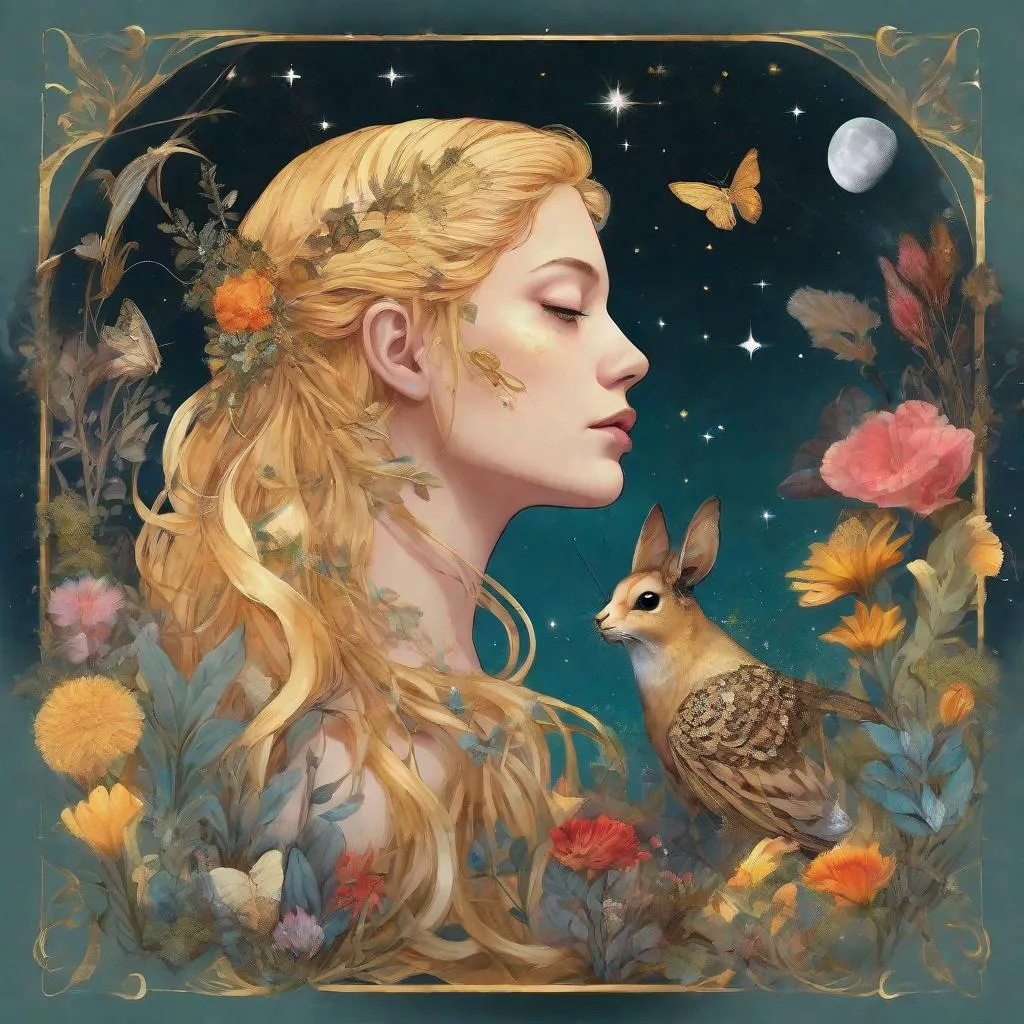 Prompt: A profile beautiful and colourful picture of Persephone with pure gold hair surrounded by plants, moths and animals framed by the moon and constilations