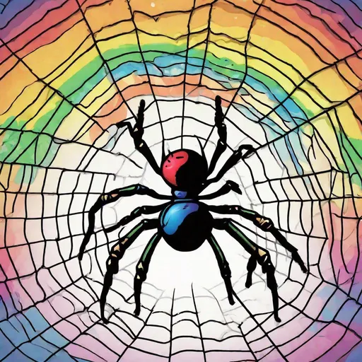 Prompt: a spider holdling a rainbow in his net ,  comic style