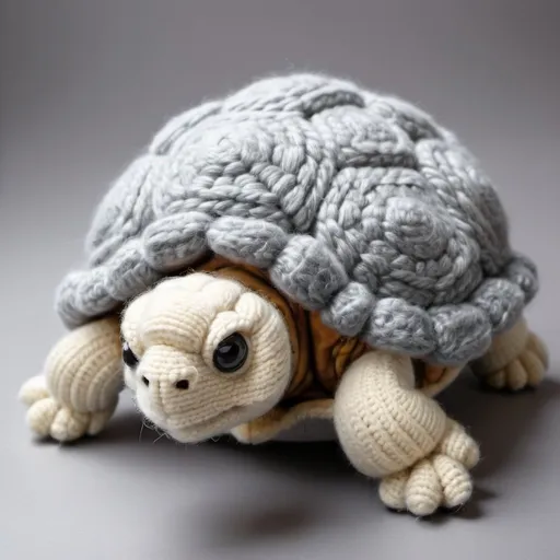 Prompt: Tortoise made of fluffy wool, pastel colors, grey and white, monochrome