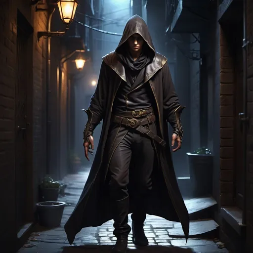 Prompt: Male assassin, Arcane Trickster archetype, cloaked in shadows, stealth pose, dark and hidden ambiance, back alley scenario with a faint glimmer of moonlight casting sharp contrasts, high tension felt throughout the scene, digital painting, ultra realistic, dramatic lighting, golden ratio.