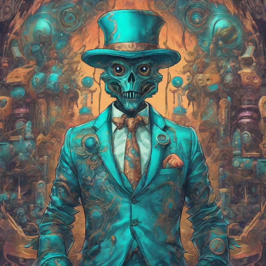 Prompt: a little monster in a suit, in the style of psychedelic artwork, imaginary creatures and robots, steelpunk, cyan and bronze, colorful fantasy realism, witchcore, baroque-punk