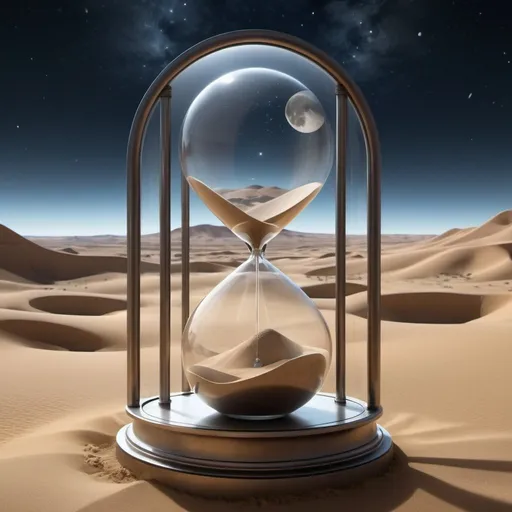 Prompt: Create the state-of-art design of a classical Hourglass {3D transparent reflective glass, stunning void, symmetric and volumetric body enclosures, fine details of the framework, accurate and  realistic connector tube, Octane HDR 3D}, the Gobi Desert on the ground and Nebula Moon on the sky, UHD engine 5, 256K, clarity, proportions, order, hierarchy, datum, rhythm, isometry, fit in frame, centered, focus sharp, reflective.