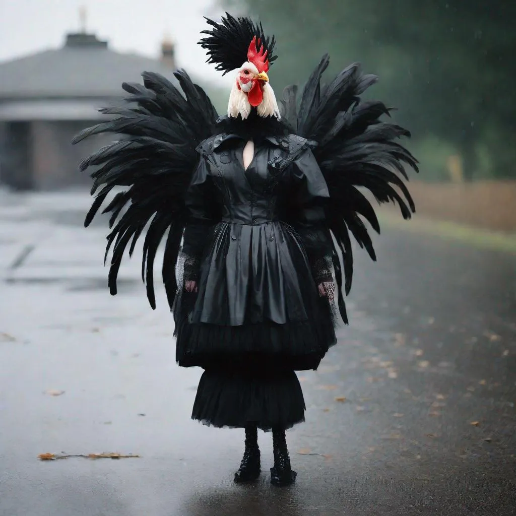 Prompt: goth metaphorical chicken haute couture on a gloomy rainy bumbershoot fashion set 