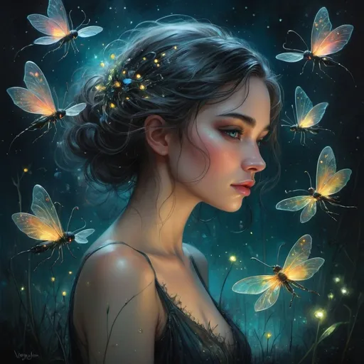 Prompt: Highly detailed rendering in the style of Charlie Bowater and the fantastical touch of Luis Royo meets Esao Andrews, where Yvonne Coomber's influence adds a splash of vibrant florals to a scene of fireflies with iridescent scales casting bioluminescent glow against the night sky, their light reflecting off an unseen surface suggesting a broken glass effect, the entire composition absent a background for emphasis on the creatures, smooth lines, 8K resolution, octane rendering