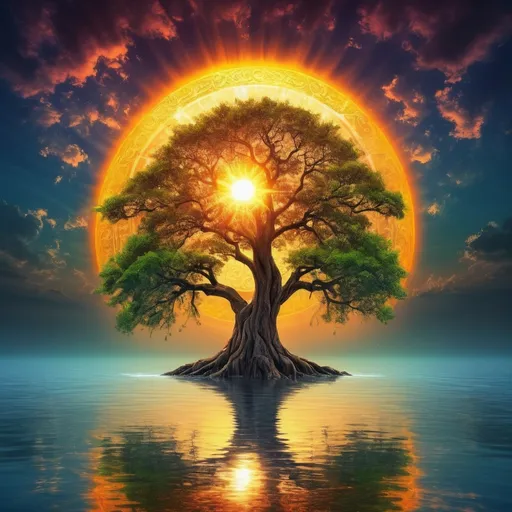 Prompt: A tree stands in the middle of the water, one sun hangs on the top of the tree, and nine suns are under the branches, taking turns taking showers, Fantastic, colourful, beautiful, Fantastic, realist style, artistic, and colorful, it is a masterpiece, high-definition, and of high quality