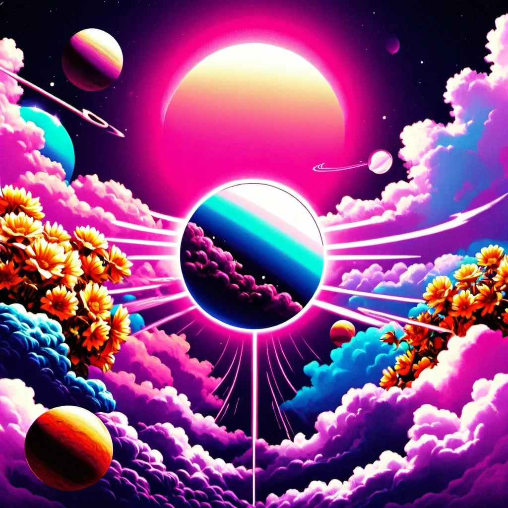 Prompt: Vaporwave, flowers, , planets, collage, Psychedelic Art, 80's colors, tecnology and clouds,

