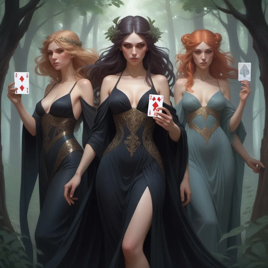 Prompt: playing card of the three fates, dark and ethereal, wild hairs, expressive poses, dark dress, fantasy, intricate, dark forest background, highly detailed, digital painting, artstation, concept art, smooth, sharp focus, illustration, art by artgerm and greg rutkowski and alphonse mucha