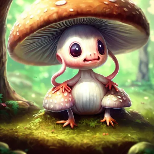 Prompt: digital illustration of a cute mushroom creature, thicc, sitting on a rock in a forest, | | epic - fine - clean, polished, trending on artstation, anime style, brush strokes