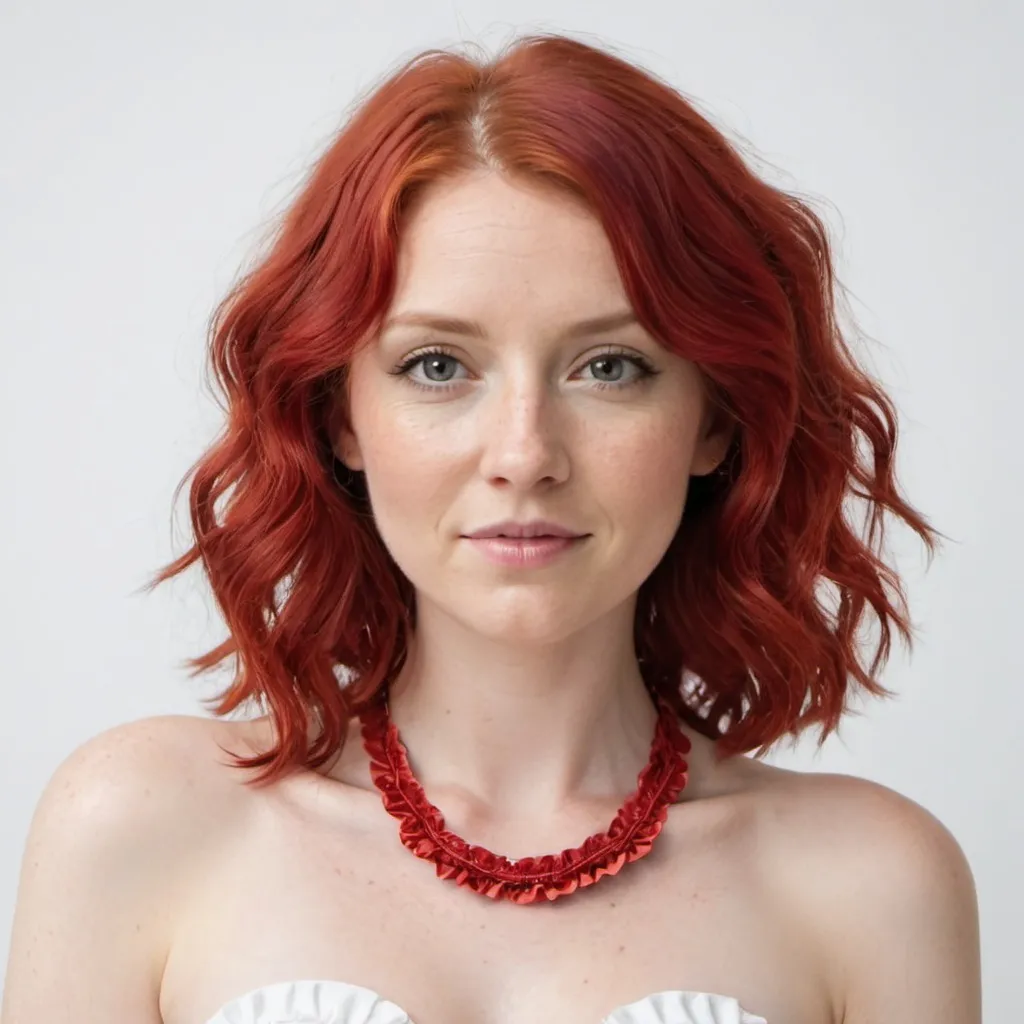 Prompt: 
woman, wavy red hair, wearing short red color, with frill, neck necklace, full body, white background