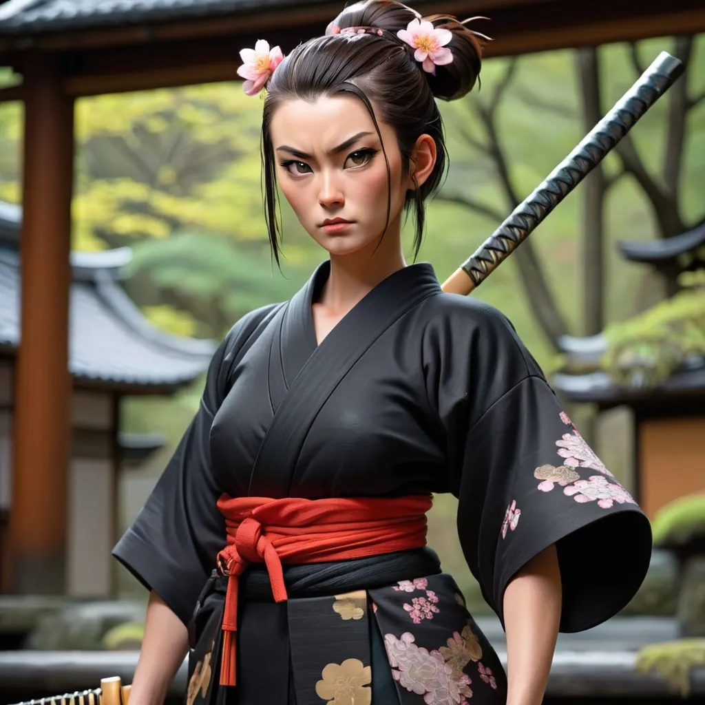 Prompt: Female RONIN wearing a black  kimono      