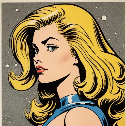 Prompt: barbarella, comic style, side view, halftone, pointlism, bentoism, by roy lichtenstein and jack kirby 