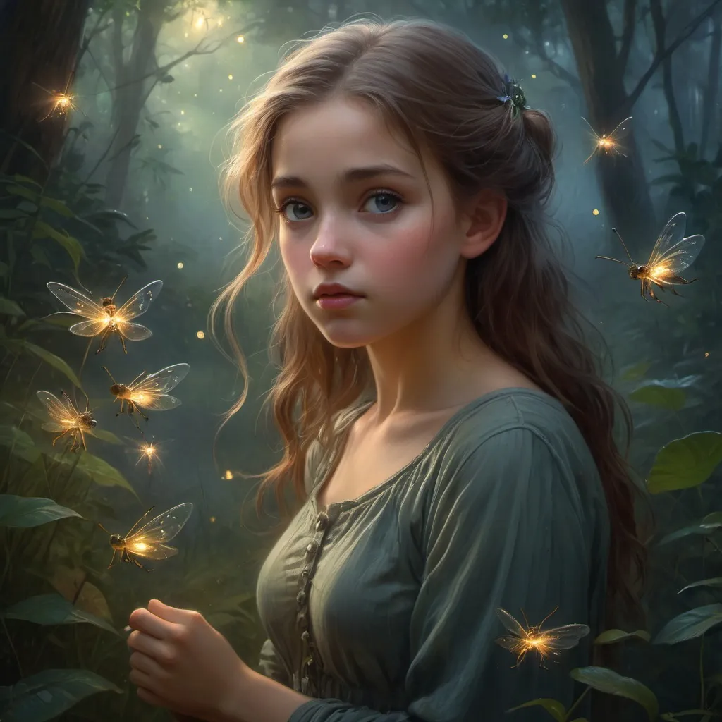 Prompt: a female staring into the camera, misty wisps, fireflies, Lilia Alvarado, Sophie Anderson, Mark Arian, Bob Byerley, Charlie Bowater, Mark Brooks, Steve Henderson, Justin Gerard, Arthur Hughes, Edward Robert Hughes, Mark Keathley, Victor Nizovtsev, Carlos Shwabe, Ross Tran, WLOP