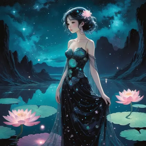 Prompt: beautiful girl, pixar, Yoshitaka Amano, midnight, lake, bioluminescent, veils, intricate frock, stars, silk, lilypads, nebula, galaxy, luminous, soft light, teal, pink, black