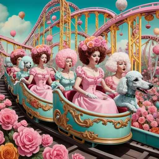 Prompt: Surreal carnival scene of women as flowers on a roller coaster, ornate teacups, pink poodles, vibrant and dreamy, high quality, surrealism, whimsical, floral dresses, elaborate teacups, pastel poodles, vibrant colors, roller coaster, surreal, dreamlike, carnival, detailed floral patterns, vintage surrealism, whimsical lighting